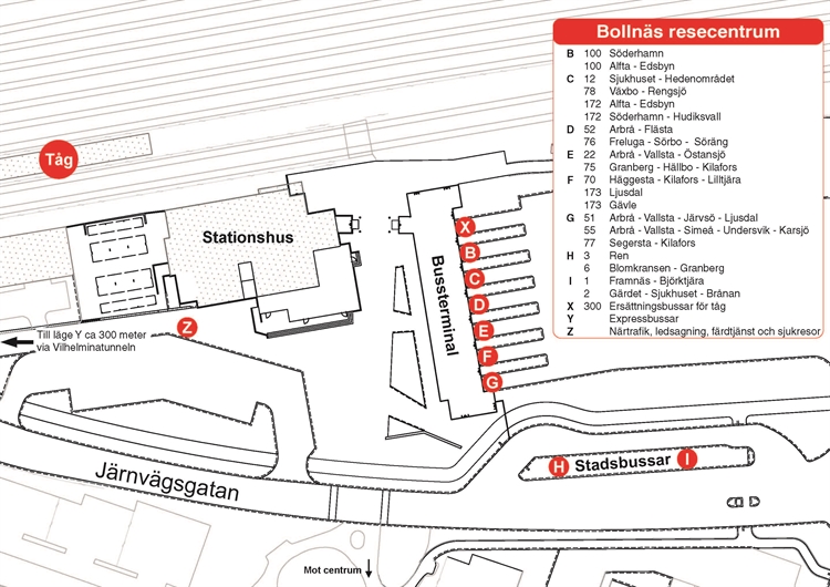Karta över hållplatser vid Bollnäs resecentrum